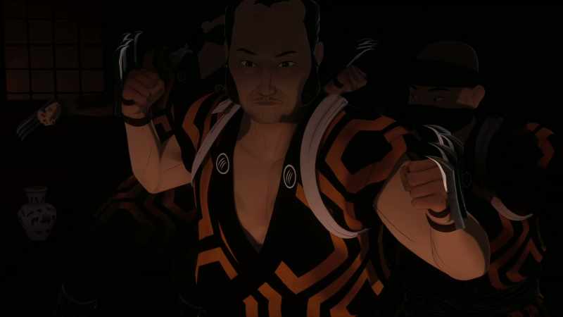 [swords slicing] -[loud thuds]