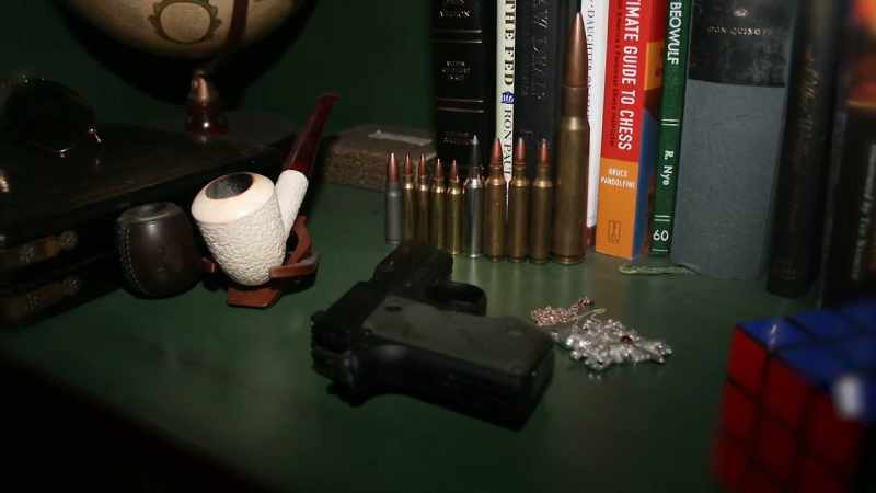 The book case had bullets