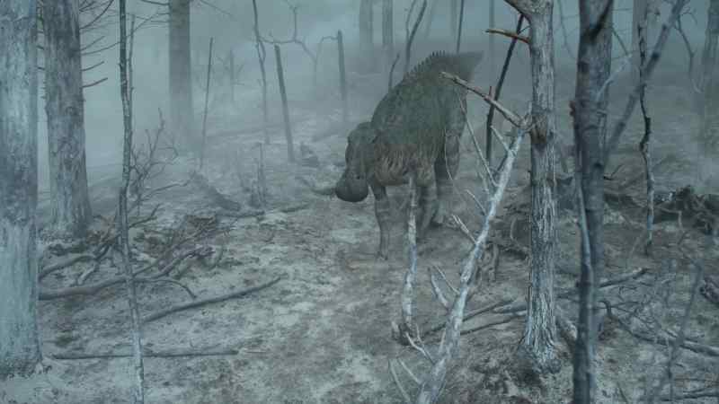 The female Edmontosaurus is leaving the forest