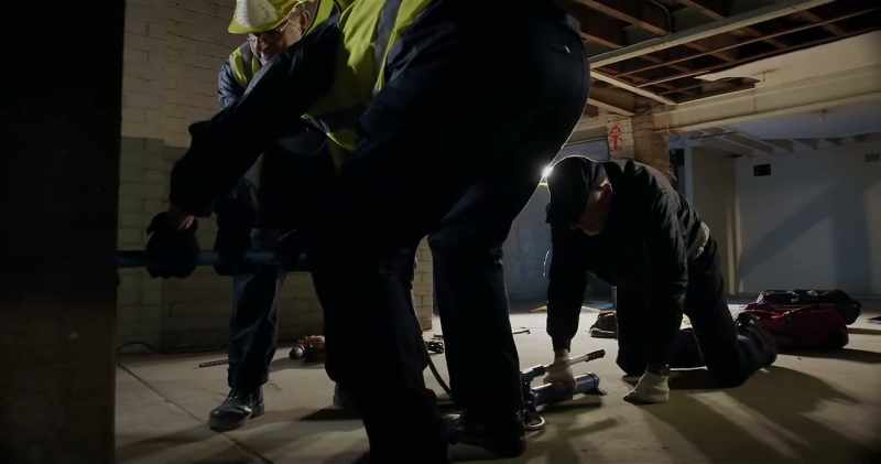 The gang's come prepared with a heavy-duty hydraulic ram