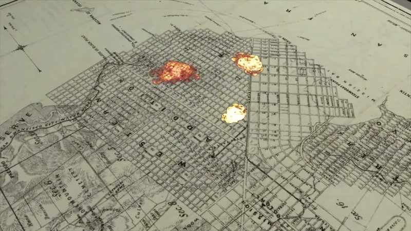 The initial earthquake ruptures several gas mains
