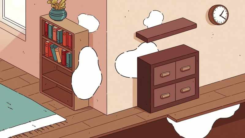 The space behind bookcases, gaps in the floorboards