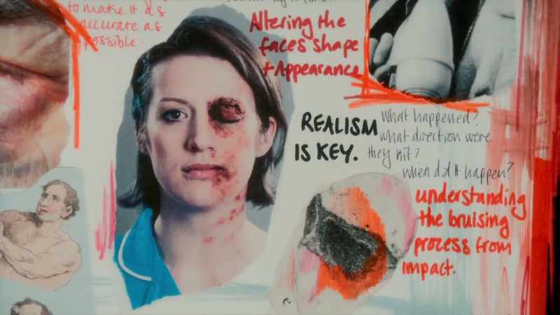 The technical elements in this look involve prosthetics