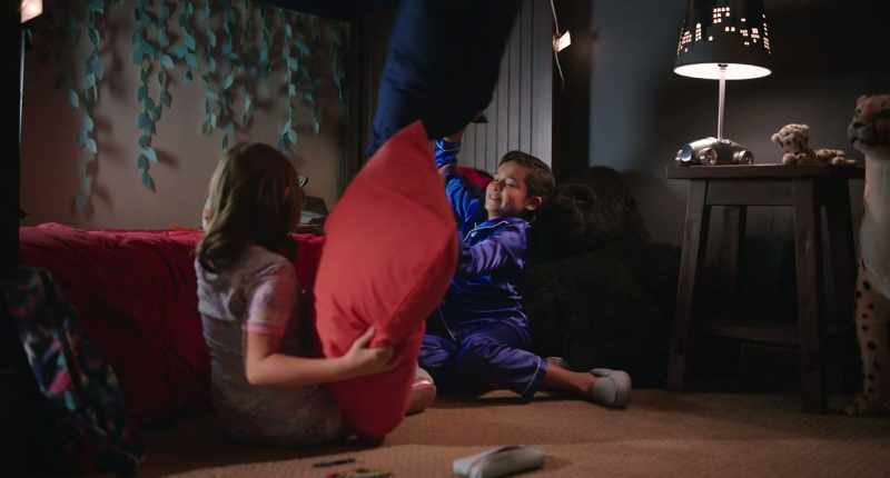 [Theo and Meara laughing] [pillows thudding]