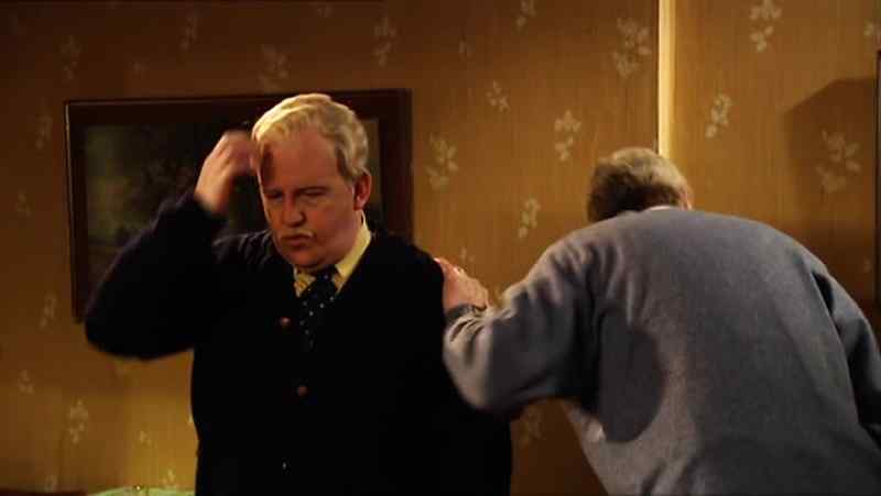 THEY LAUGH It's bad laughing, in't it? Aye it's poor. Celebration bevvy?