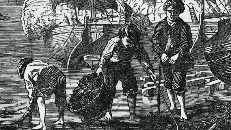 They're holding baskets, and they're searching mud