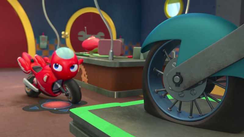 (tire deflating, mechanical whirring)