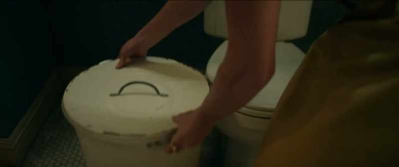 [Toilet flushes]