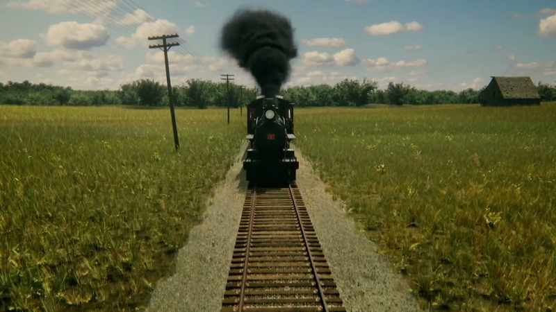 (train horn whistling)