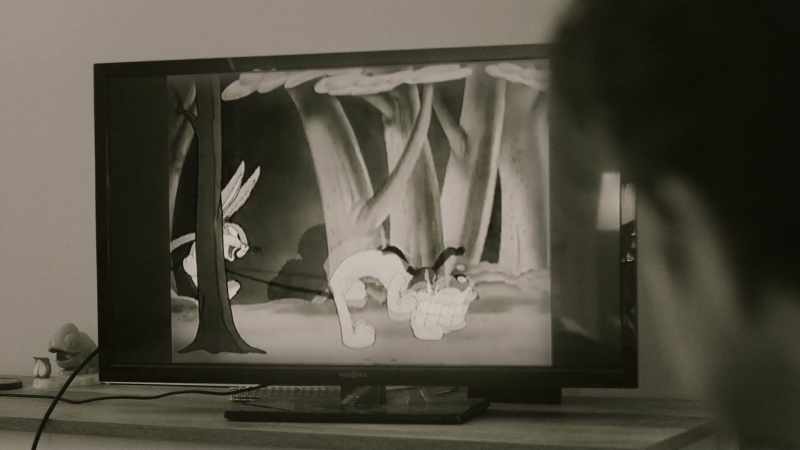 [TV cartoons play]