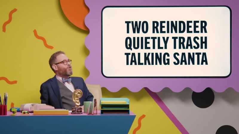 Two reindeer quietly trash talking Santa