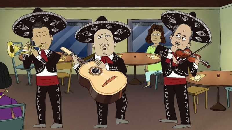 [upbeat mariachi music]