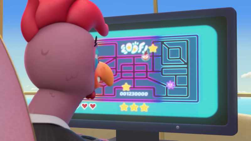 [video game beeping] -[squawks, exclaims]