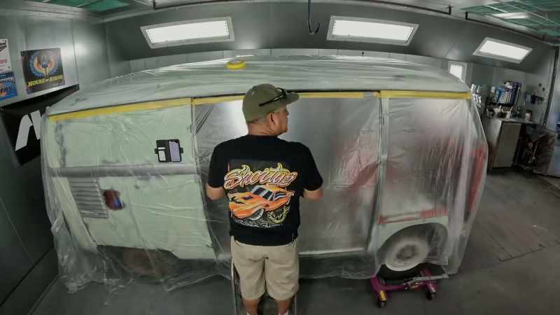 We have the panel bus in the booth, prepping it for primer