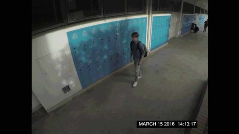 We see Alex here at 2:13, getting books from his locker