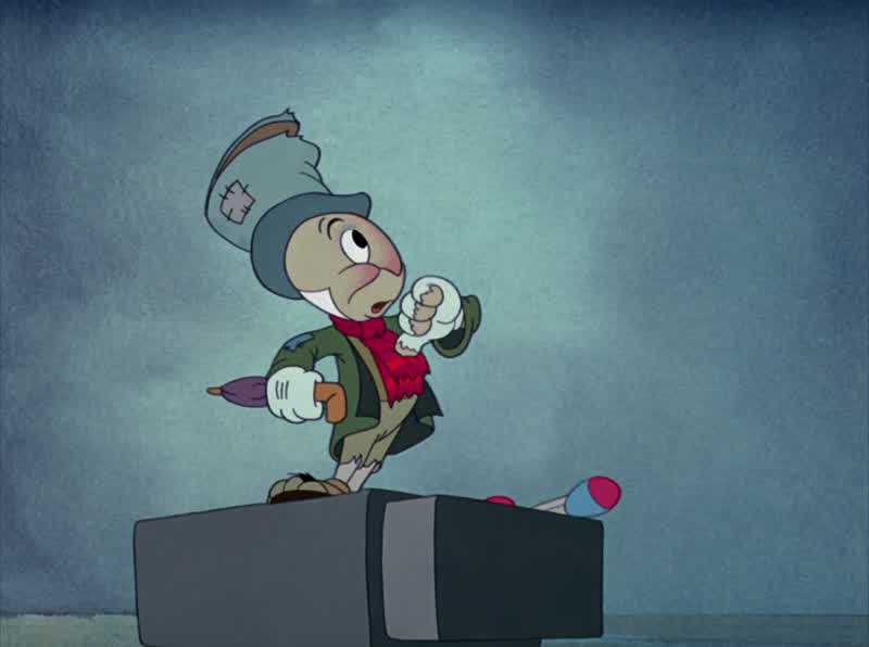 Would you like to be Pinocchio's conscienceWell w uh II uh Ohh Uh huhVery well What is your nameUh oh uh Cricket's the name Jiminy CricketKneel Mr Cricket HuhNo tricks nowI dub you Pinocchio's