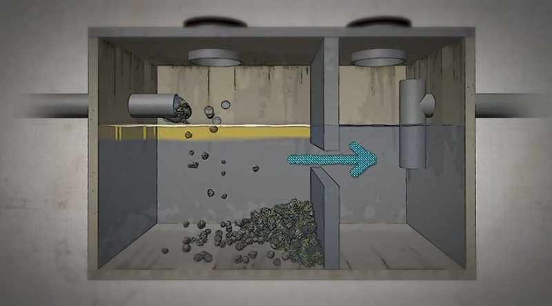 While the oils and solids stay stuck in the grease trap