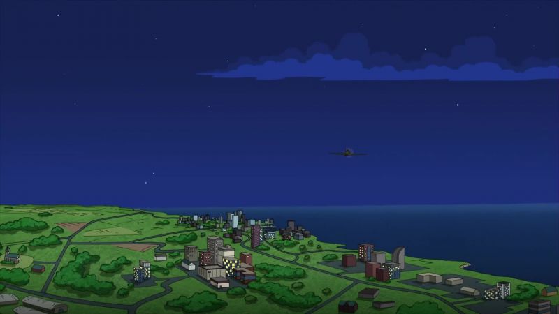 Whoa, Quahog looks beautiful from up here
