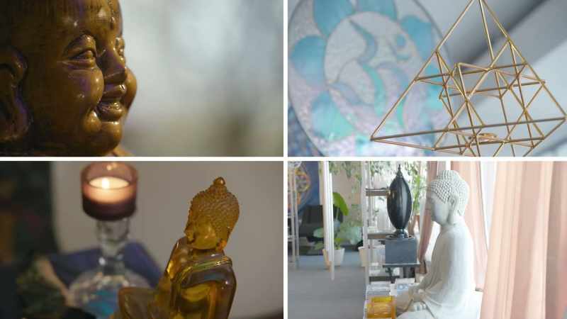 Why are there three random Buddhas and an om symbol?