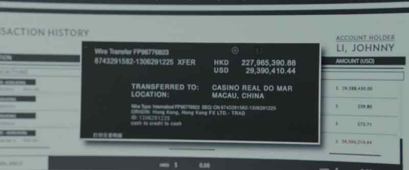 Wire transfers to a Macau casino